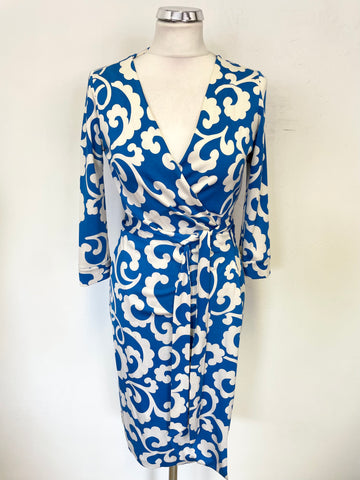 DIANE VON FURSTENBERG BLUE & OFF WHITE PRINT 100% SILK WRAP DRESS SIZE 8 UK 12