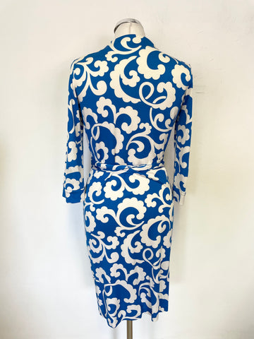 DIANE VON FURSTENBERG BLUE & OFF WHITE PRINT 100% SILK WRAP DRESS SIZE 8 UK 12