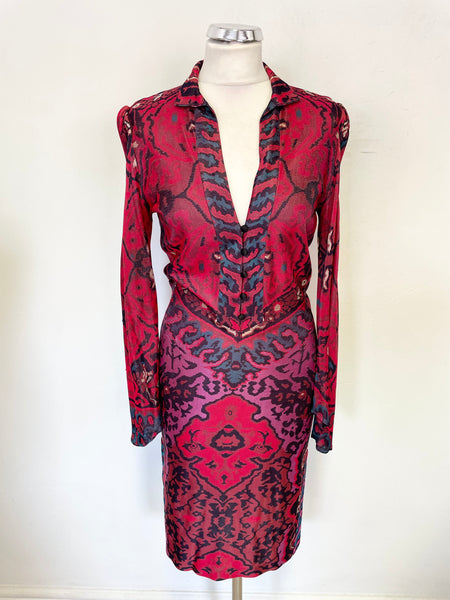 DIANE VON FURSTENBERG RED PRINT COLLARED LONG SLEEVED DRESS SIZE 8