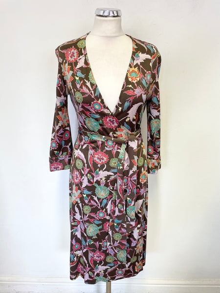 DIANE VON FURSTENBERG JULIAN BROWN & MULTICOLOURED SILK WRAP DRESS SIZE 8 UK 12