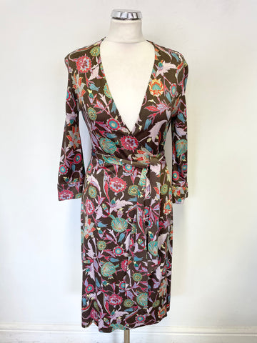 DIANE VON FURSTENBERG JULIAN BROWN & MULTICOLOURED SILK WRAP DRESS SIZE 8 UK 12