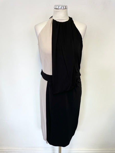 KAREN MILLEN BLACK & CREAM COLOUR BLOCK DRAPED FRONT PENCIL DRESS SIZE 14