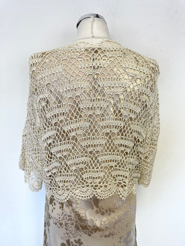 JACQUES VERT OYSTER BEIGE FLORAL PATTERNED MIDI DRESS & CROCHET BOLERO KNIT SIZE 16