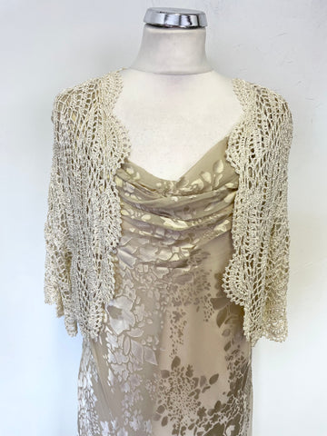 JACQUES VERT OYSTER BEIGE FLORAL PATTERNED MIDI DRESS & CROCHET BOLERO KNIT SIZE 16