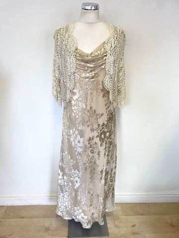 JACQUES VERT OYSTER BEIGE FLORAL PATTERNED MIDI DRESS & CROCHET BOLERO KNIT SIZE 16