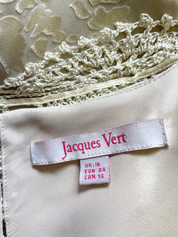 JACQUES VERT OYSTER BEIGE FLORAL PATTERNED MIDI DRESS & CROCHET BOLERO KNIT SIZE 16