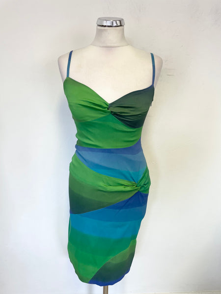 KAREN MILLEN BLUE & GREEN COLOUR BLOCK FINE STRAP PENCIL DRESS SIZE 10