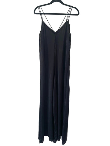 HUSH BLACK FINE DOUBLE STRAP V NECK WIDE LEG JUMPSUIT SIZE 14