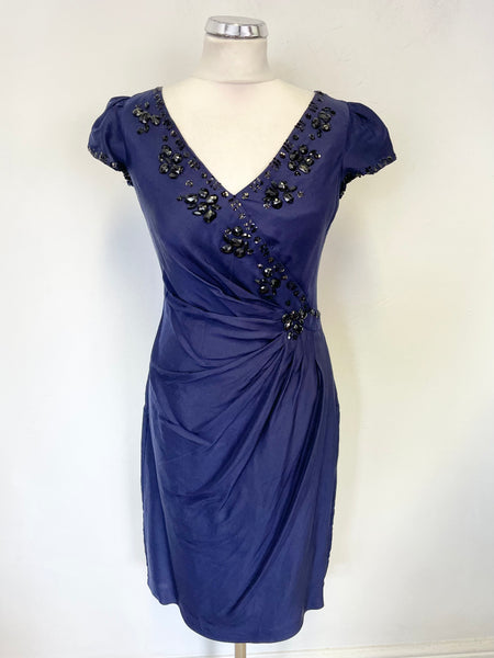 WHISTLES NAVY BLUE 100% SILK BEAD & SEQUIN TRIMMED PENCIL DRESS SIZE 8