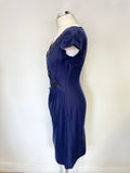 WHISTLES NAVY BLUE 100% SILK BEAD & SEQUIN TRIMMED PENCIL DRESS SIZE 8