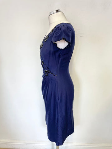 WHISTLES NAVY BLUE 100% SILK BEAD & SEQUIN TRIMMED PENCIL DRESS SIZE 8