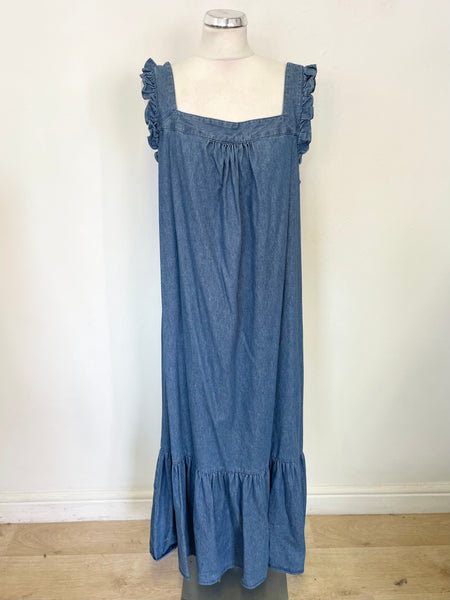 WHISTLES BLUE DENIM SLEEVELESS TIE BACK MAXI DRESS SIZE 16