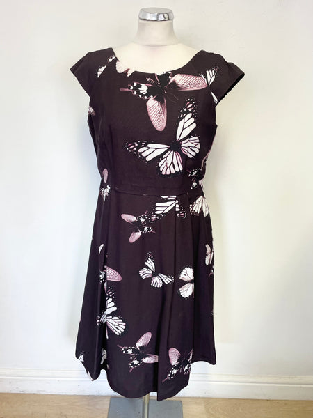 PHASE EIGHT AUBERGINE BUTTERFLY PRINT CAP SLEEVED FIT & FLARE DRESS SIZE 14
