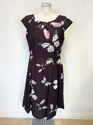 PHASE EIGHT AUBERGINE BUTTERFLY PRINT CAP SLEEVED FIT & FLARE DRESS SIZE 14