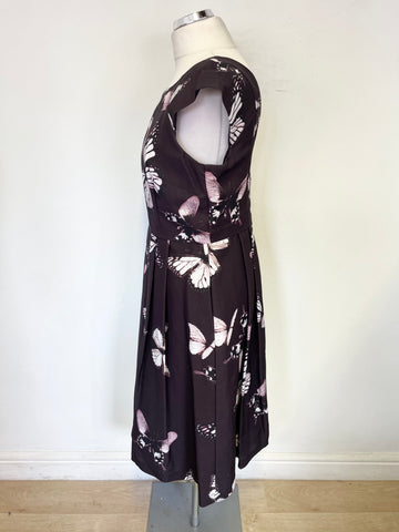PHASE EIGHT AUBERGINE BUTTERFLY PRINT CAP SLEEVED FIT & FLARE DRESS SIZE 14