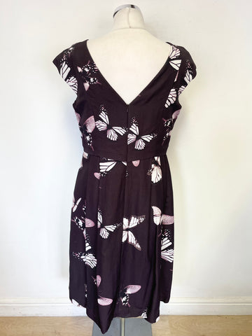 PHASE EIGHT AUBERGINE BUTTERFLY PRINT CAP SLEEVED FIT & FLARE DRESS SIZE 14