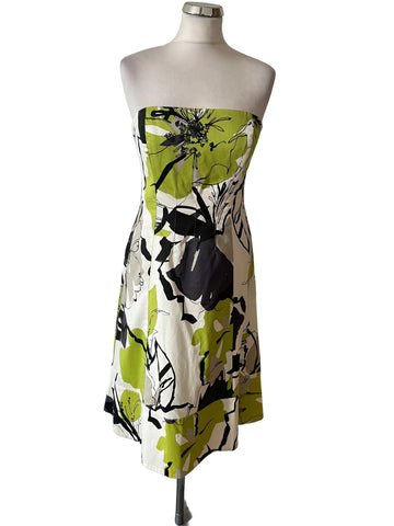 COAST WHITE,GREEN & BLACK PRINT STRAPLESS A-LINE DRESS  SIZE 14