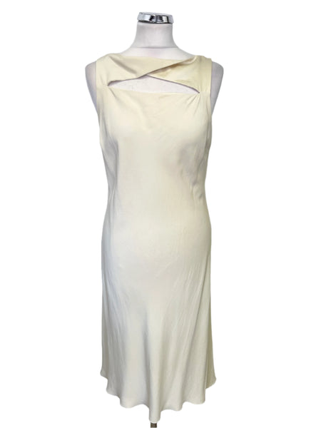 VINTAGE SALVADORE FERRAGAMO 100% SILK IVORY SLEEVELESS A-LINE DRESS SIZE UK 14