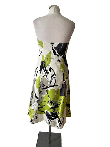 COAST WHITE,GREEN & BLACK PRINT STRAPLESS A-LINE DRESS  SIZE 14