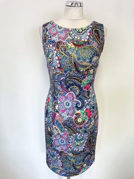 JOSEPH RIBKOFF MULTI COLOURED SLEEVELESS PENCIL DRESS SIZE 10