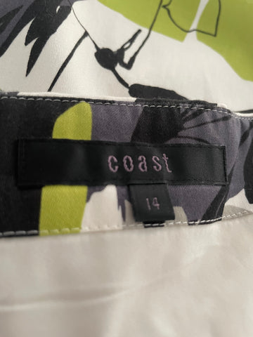 COAST WHITE,GREEN & BLACK PRINT STRAPLESS A-LINE DRESS  SIZE 14