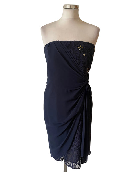 COAST NAVY BLUE LACE WITH BEAD &JEWEL TRIM , CHIFFON OVERLAY STRAPLESS PENCIL DRESS  SIZE 14