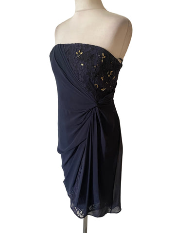 COAST NAVY BLUE LACE WITH BEAD &JEWEL TRIM , CHIFFON OVERLAY STRAPLESS PENCIL DRESS  SIZE 14