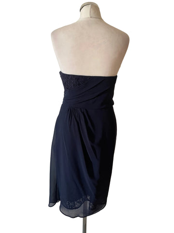 COAST NAVY BLUE LACE WITH BEAD &JEWEL TRIM , CHIFFON OVERLAY STRAPLESS PENCIL DRESS  SIZE 14