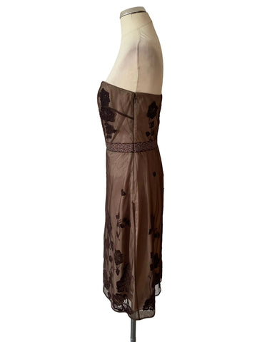 COAST BROWN EMBROIDERED & BEADED MESH STRAPLESS SPECIAL OCCASION DRESS  SIZE 10