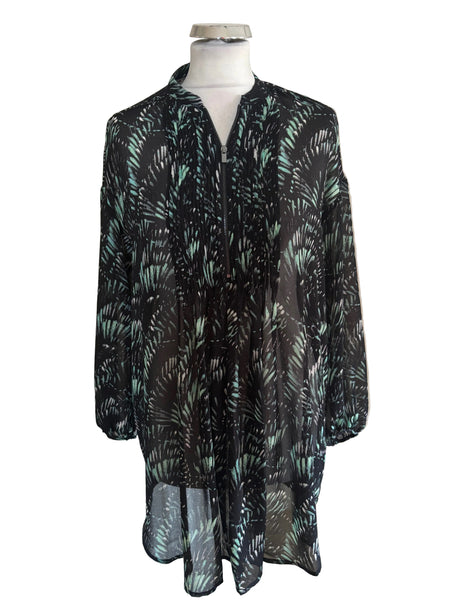 MINT VELVET BLACK & GREEN PRINT LONG SLEEVED TUNIC BLOUSE SIZE S