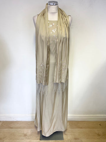 BRAND NEW DEBUT PALE GOLD HAND EMBELLISHED EVENING DRESS & WRAP SIZE 8