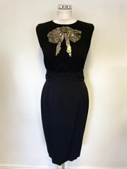 PAUL SMITH BLACK WOOL SEQUIN BOW TRIMMED SLEEVELESS PENCIL DRESS SIZE 42 UK 10