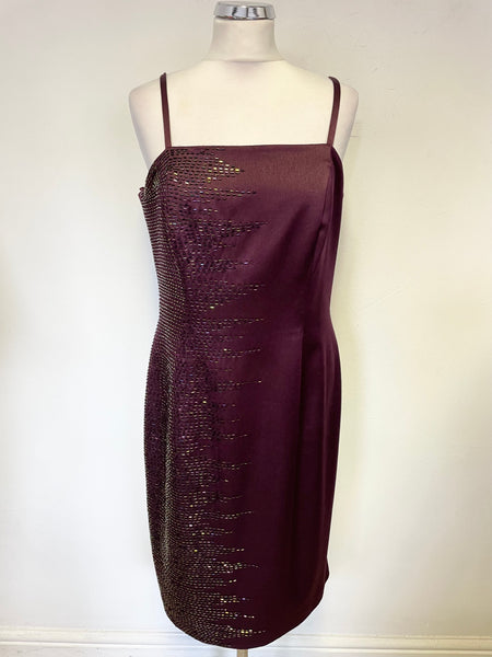 VERA MONT BURGUNDY BEADED KNEE LENGTH COCKTAIL DRESS SIZE 42 UK 14