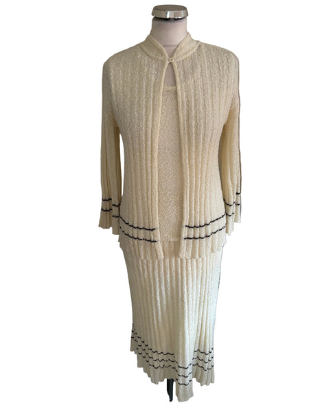 TRICOUILLE IVORY BOUCLE RIB KNIT 3 PIECE SKIRT, TOP & CARDIGAN SET SIZE 12