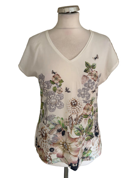 TED BAKER TEILA WHITE FLORAL PRINT FRONT CAP SLEEVE TOP SIZE 2 UK 10/12
