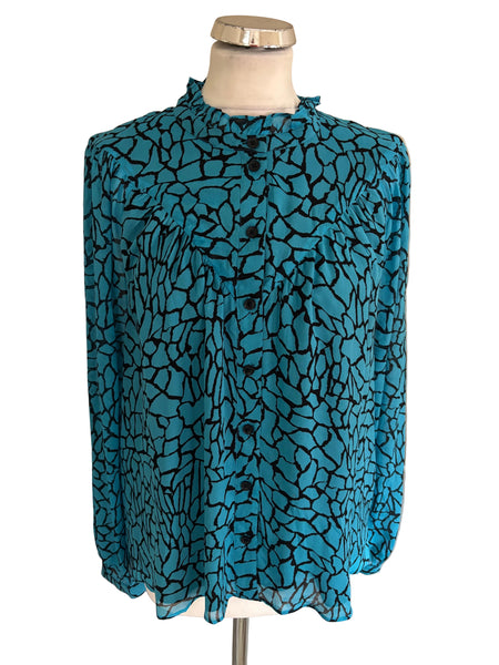 WHISTLES TURQUOISE & BLACK PRINT LONG SLEEVED BLOUSE SIZE 14