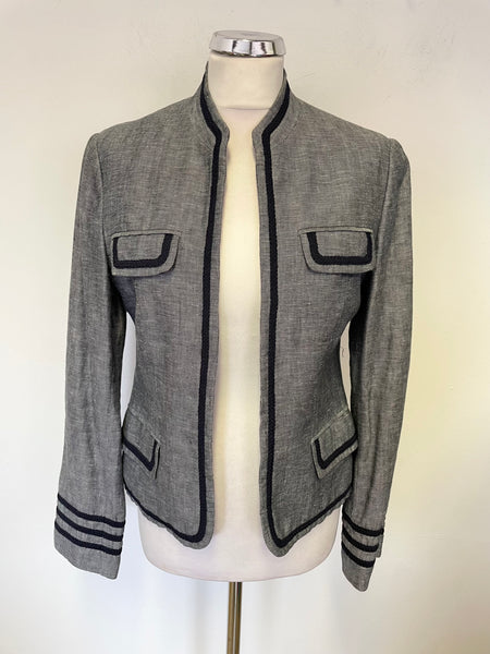 JAEGER NAVY BLUE 100% LINEN BRAID TRIMMED JACKET SIZE 10