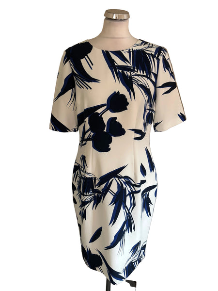 HOBBS WHITE & NAVY PRINT SHORT SLEEVED SHEATH DRESS SIZE 14