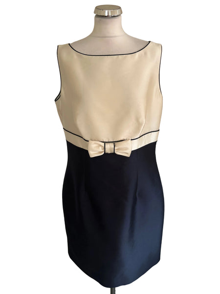 HOBBS NAVY & IVORY WOOL & SILK MIX BOAT NECK SLEEVELESS SHEATH DRESS SIZE 16