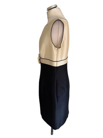 HOBBS NAVY & IVORY WOOL & SILK MIX BOAT NECK SLEEVELESS SHEATH DRESS SIZE 16