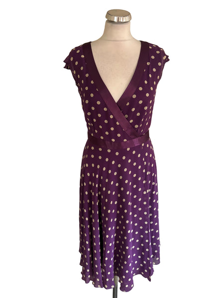 HOBBS 100% SILK PURPLE SPOT PRINT WRAP DRESS SIZE 8
