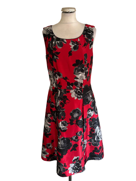 LAURA ASHLEY RED & GREY FLORAL PRINT BOAT NECK FIT & FLARE DRESS  SIZE 14