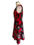LAURA ASHLEY RED & GREY FLORAL PRINT BOAT NECK FIT & FLARE DRESS  SIZE 14