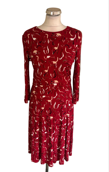 HOBBS RED CAT PRINT 3/4 SLEEVED STRETCH JERSEY DRESS  SIZE 10