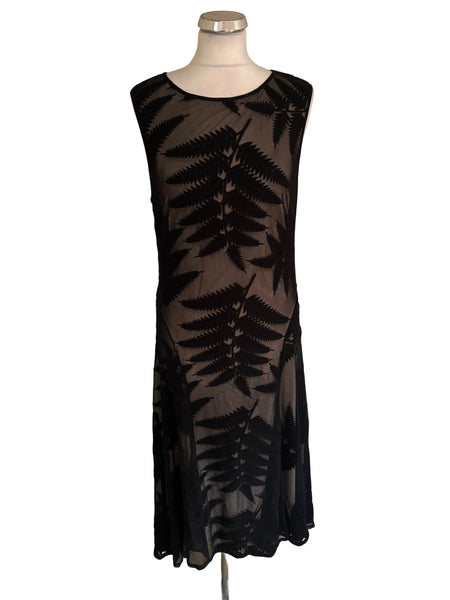 LONG TALL SALLY BLACK WITH EMBROIDERED LEAF DESIGN MESH OVERLAY MIDI DRESS SIZE 16
