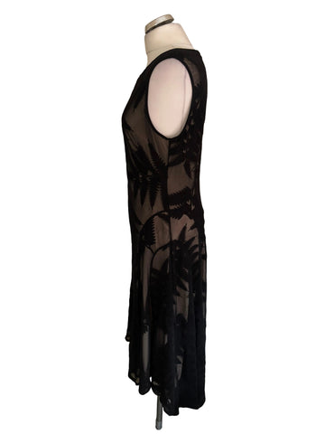 LONG TALL SALLY BLACK WITH EMBROIDERED LEAF DESIGN MESH OVERLAY MIDI DRESS SIZE 16