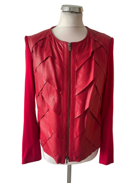 RIANI RED LEATHER WITH CONTRAST STRETCH SLEEVE JACKET SIZE 14