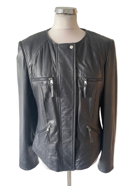 MARCCAIN BLACK LAMBS LEATHER JACKET SIZE N5 UK 14/16