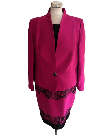 SPANISH DESIGNER SONIA PENA CERISE PINK & BLACK SHEATH DRESS & JACKET SUIT SIZE 50 UK 22
