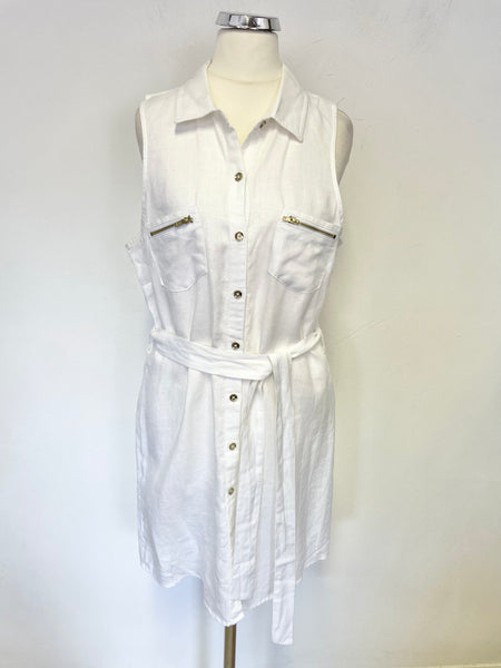 GUESS WHITE LINEN COLLARED SLEEVELESS BELTED SHIRT DRESS SIZE XS
